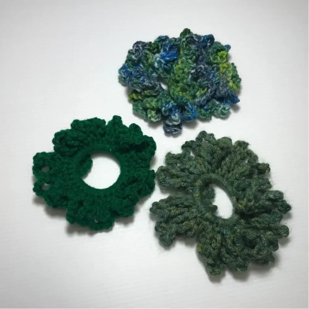 NWT Green Blue Handmade Crocheted Hair Scrunchie Set of 3